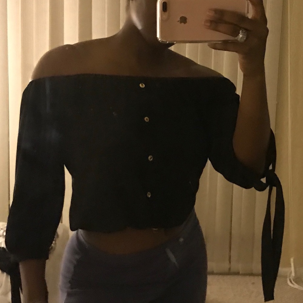 Black off the shoulder gold buttoned Shirt